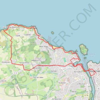 Crozon, Douarnenez, roches blanches et Port Rhu, petit parcours GPS track, route, trail
